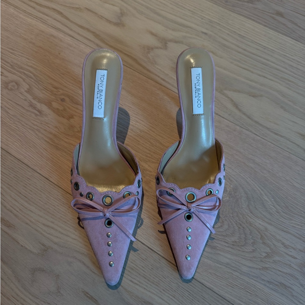 Tony Bianco Pink Suede Mules with Bow Detail - Picture 2 of 5